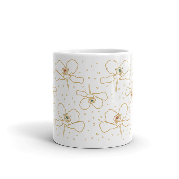 Poppy Print in the Rain Gold Turq Ruby White glossy mug