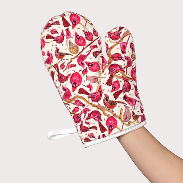 Ivory Cardinals Watercolor Oven Mitt 100%Cotton
