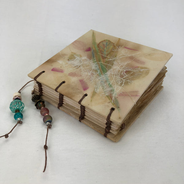 Handcrafted Journal - Art Block tea dyed, eco print teal bead bookmark