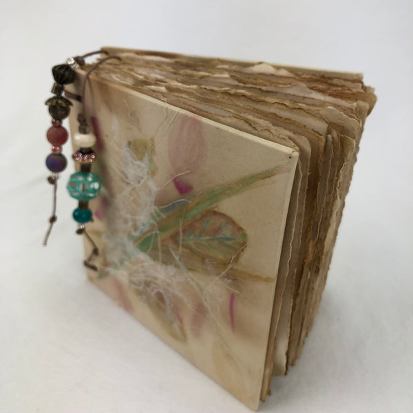 Handcrafted Journal - Art Block tea dyed, eco print teal bead bookmark