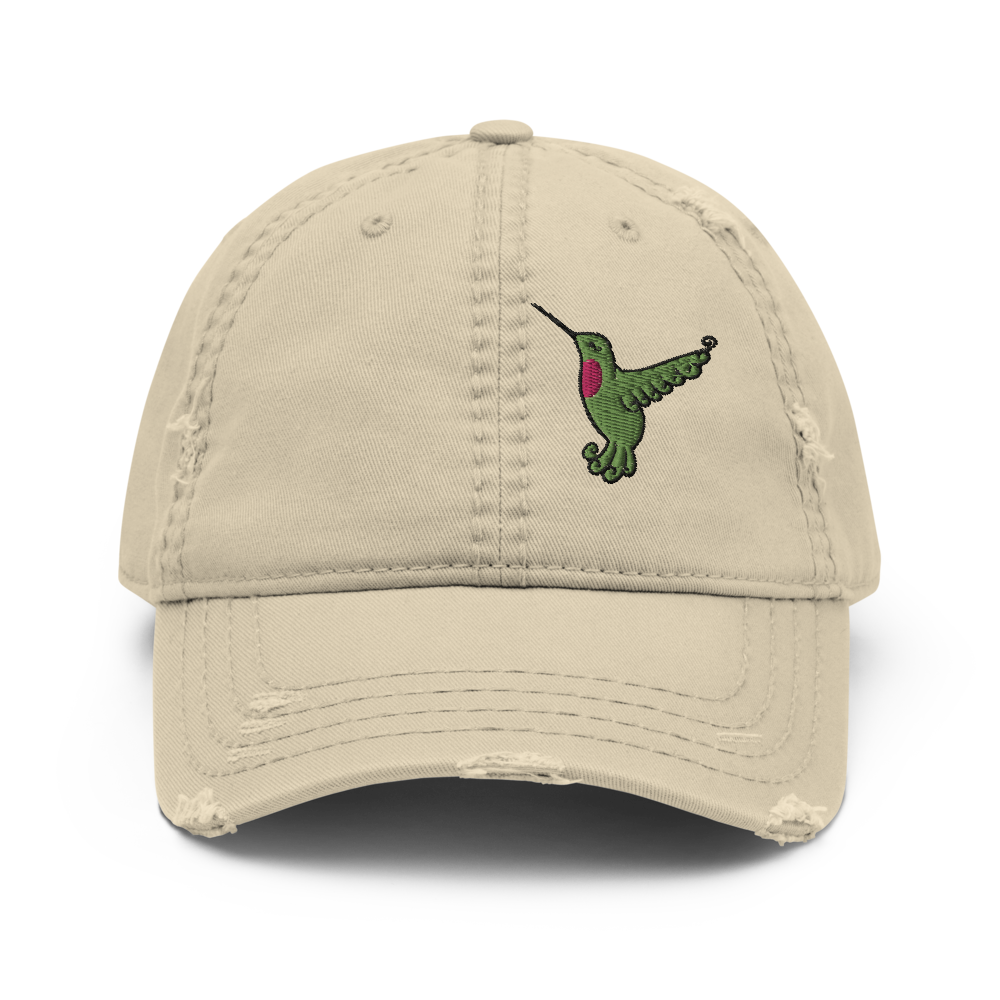 Hummingbird Full Color Embroidered Distressed Hat