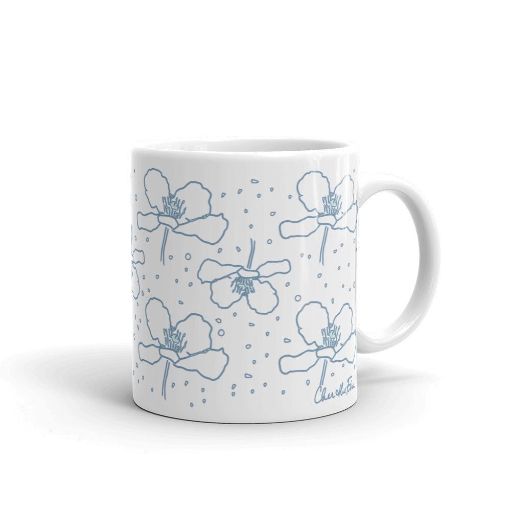 Poppy Print in the Rain White glossy mug
