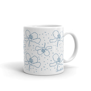 Poppy Print in the Rain White glossy mug