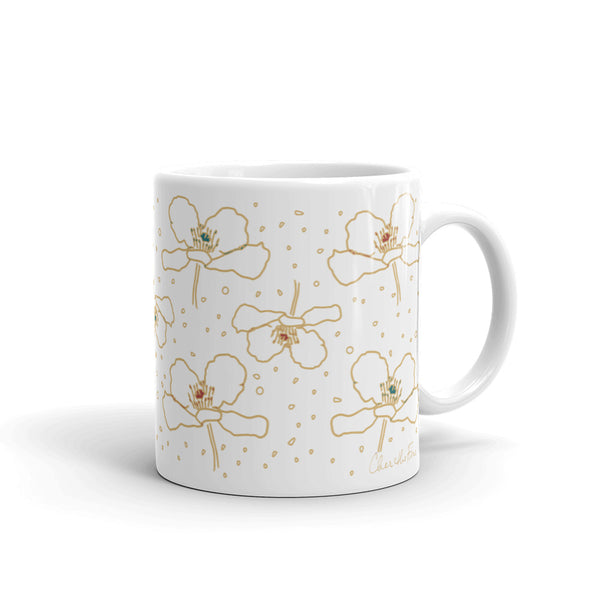 Poppy Print in the Rain Gold Turq Ruby White glossy mug