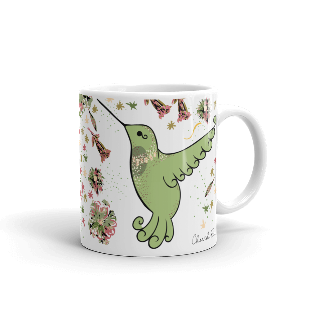 Lemongrass Hummingbird white glossy mug