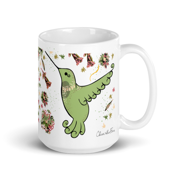 Lemongrass Hummingbird white glossy mug